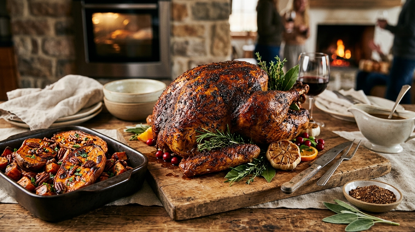 Espresso-Rubbed Turkey with Roasted Sweet Potatoes - main hero image