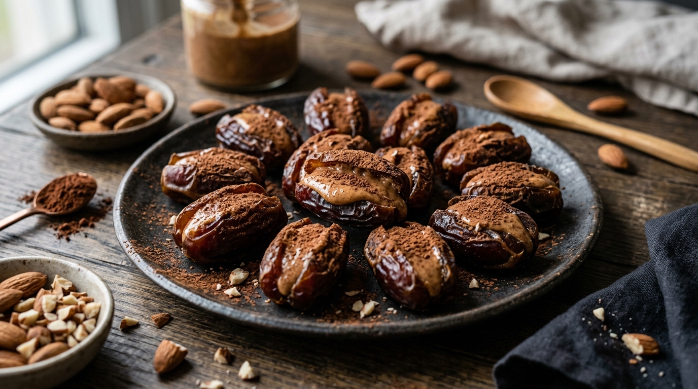 Almond Butter Stuffed Dates with Cocoa Dust - main hero image