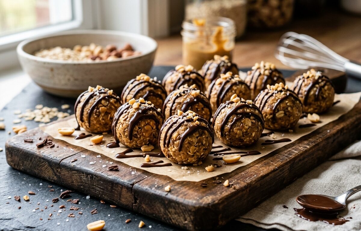 Peanut Butter Protein Balls with Dark Chocolate Drizzle - main hero image