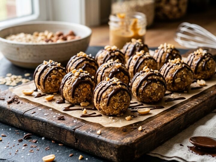 Peanut Butter Protein Balls with Dark Chocolate Drizzle - main hero image