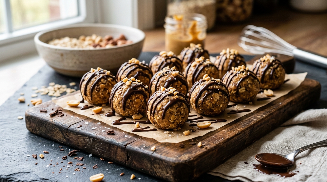 Peanut Butter Protein Balls with Dark Chocolate Drizzle - main hero image