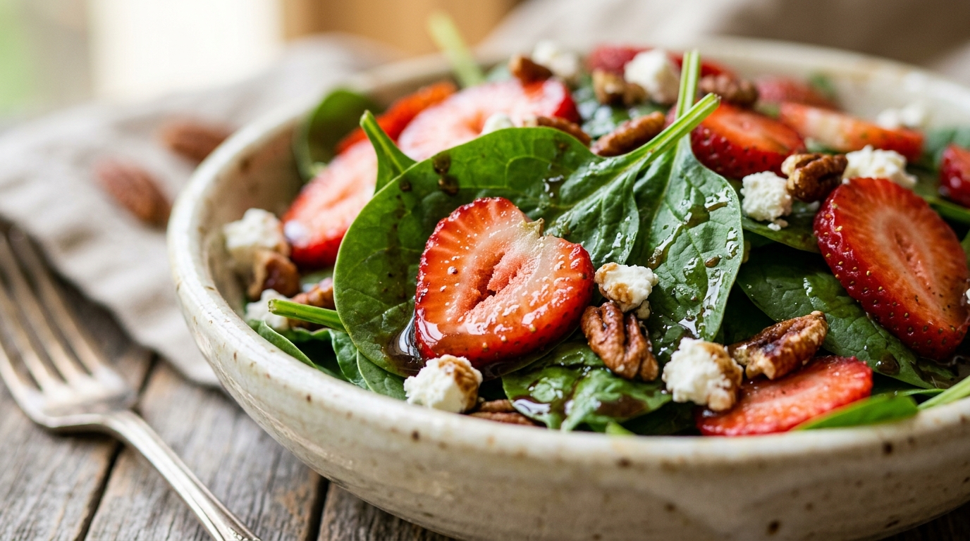 Close-up of strawberry spinach salad with balsamic dressing