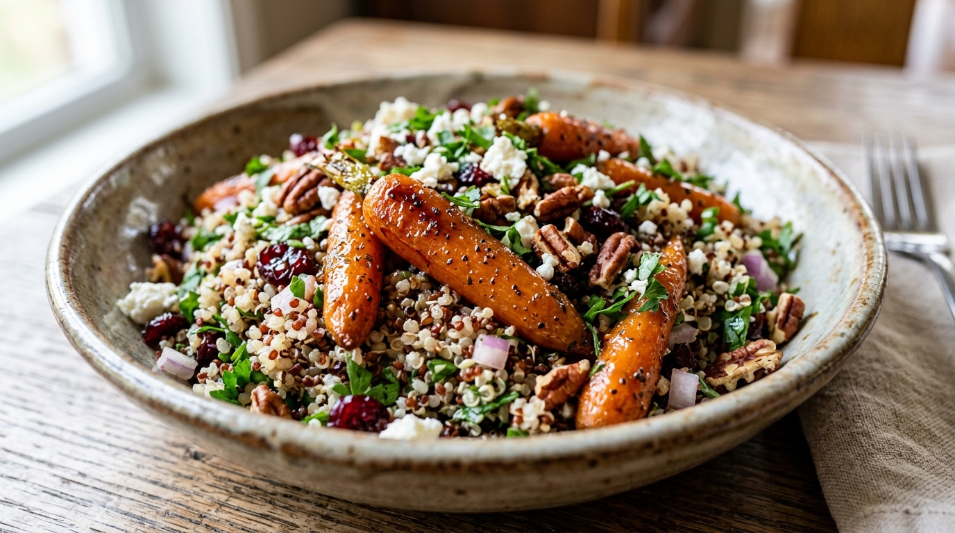 Close-up of maple glazed carrot and quinoa salad