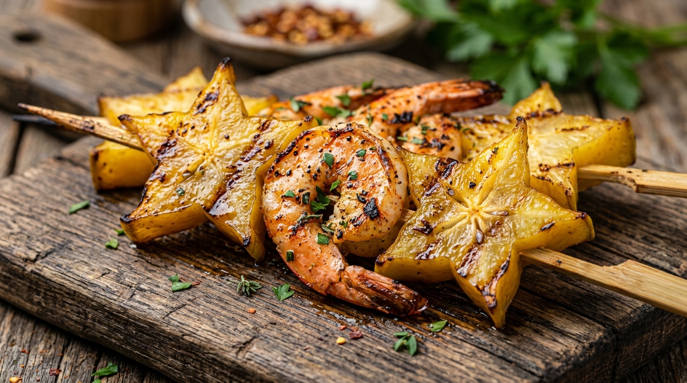 Close-up of grilled starfruit and shrimp skewers