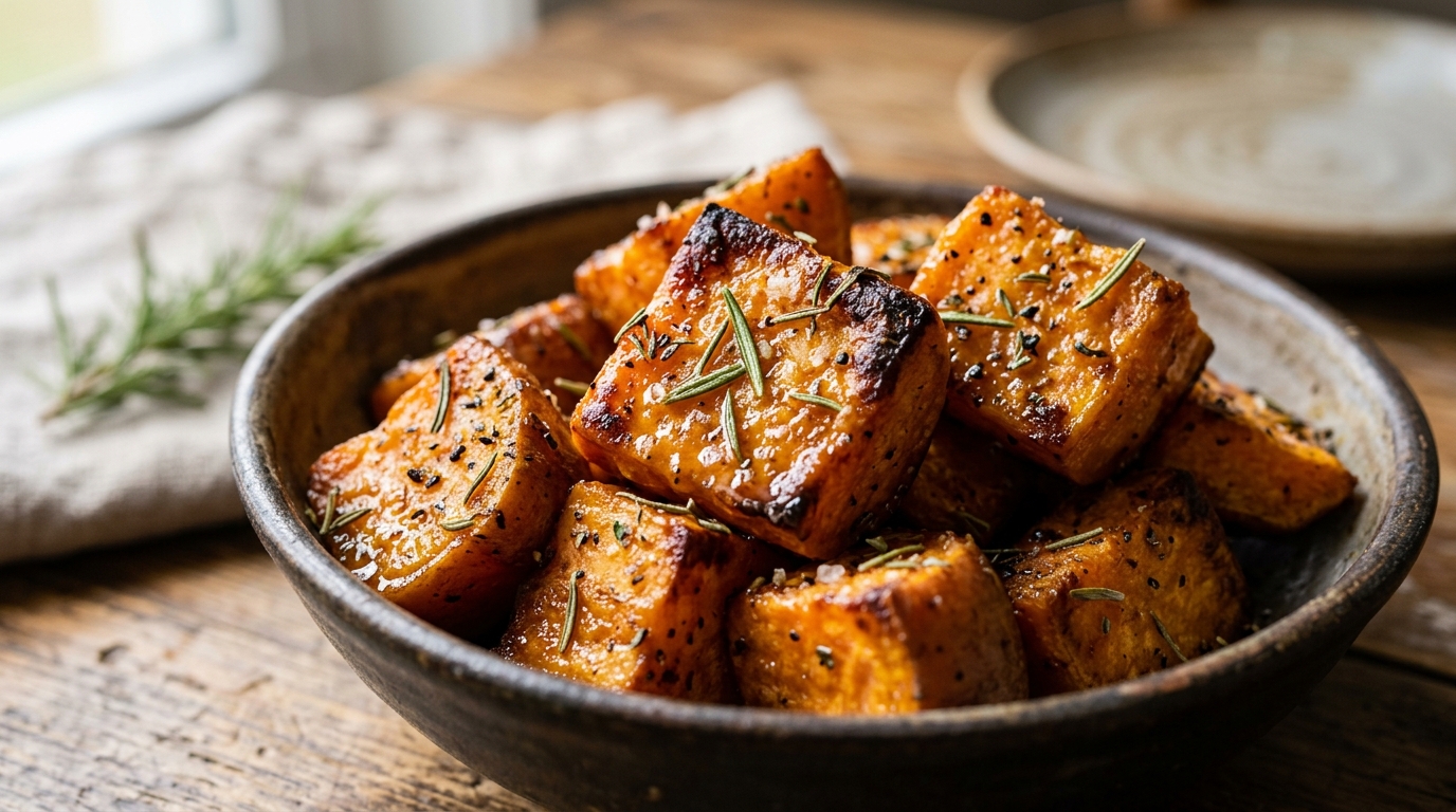Close-up of rosemary honey roasted sweet potatoes