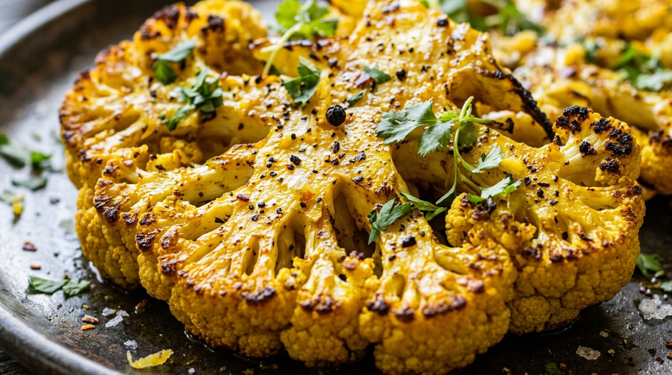 Close-up of turmeric and black pepper cauliflower steaks