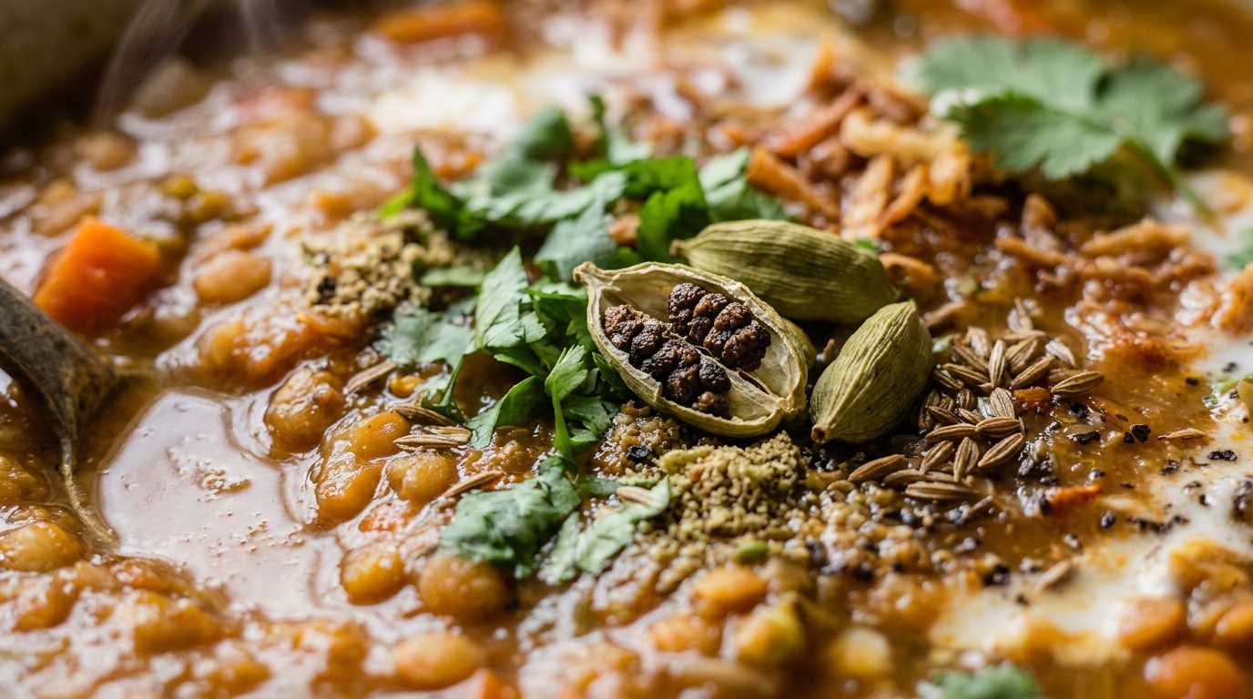 Close-up of cardamom spiced lentil soup