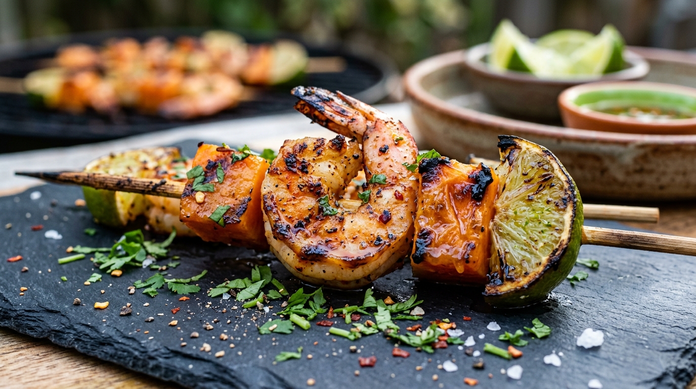 Close-up of papaya and lime grilled shrimp skewers