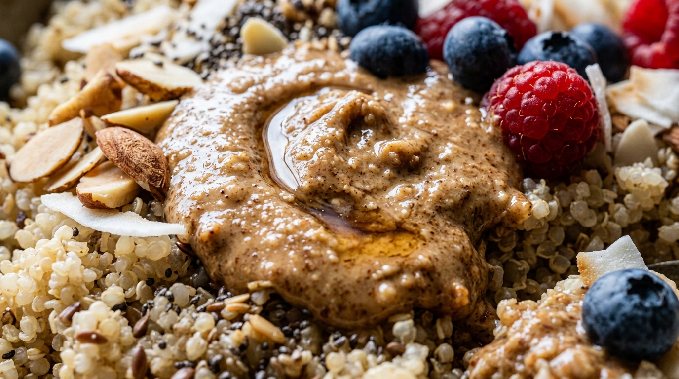 Close-up of almond butter quinoa breakfast bowl