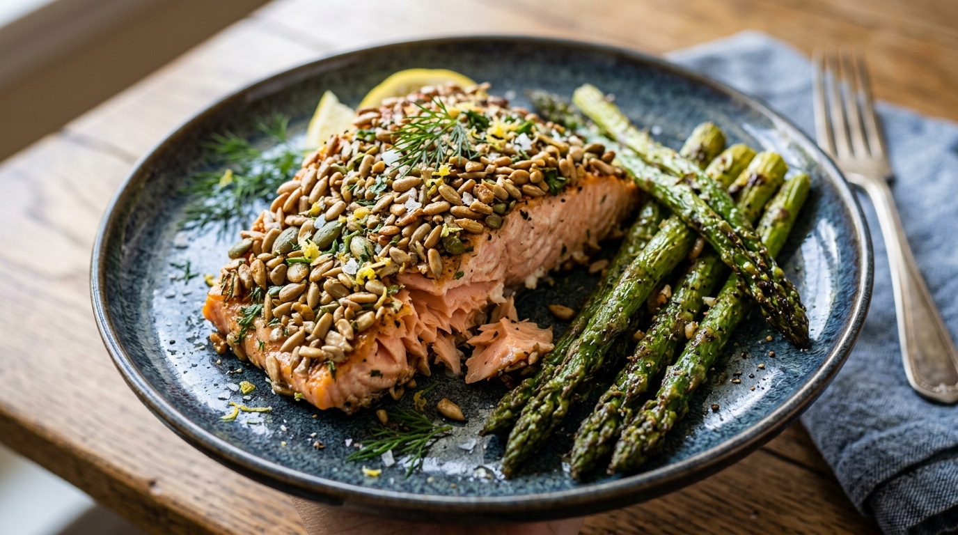 Close-up of sunflower seed crusted salmon with roasted asparagus