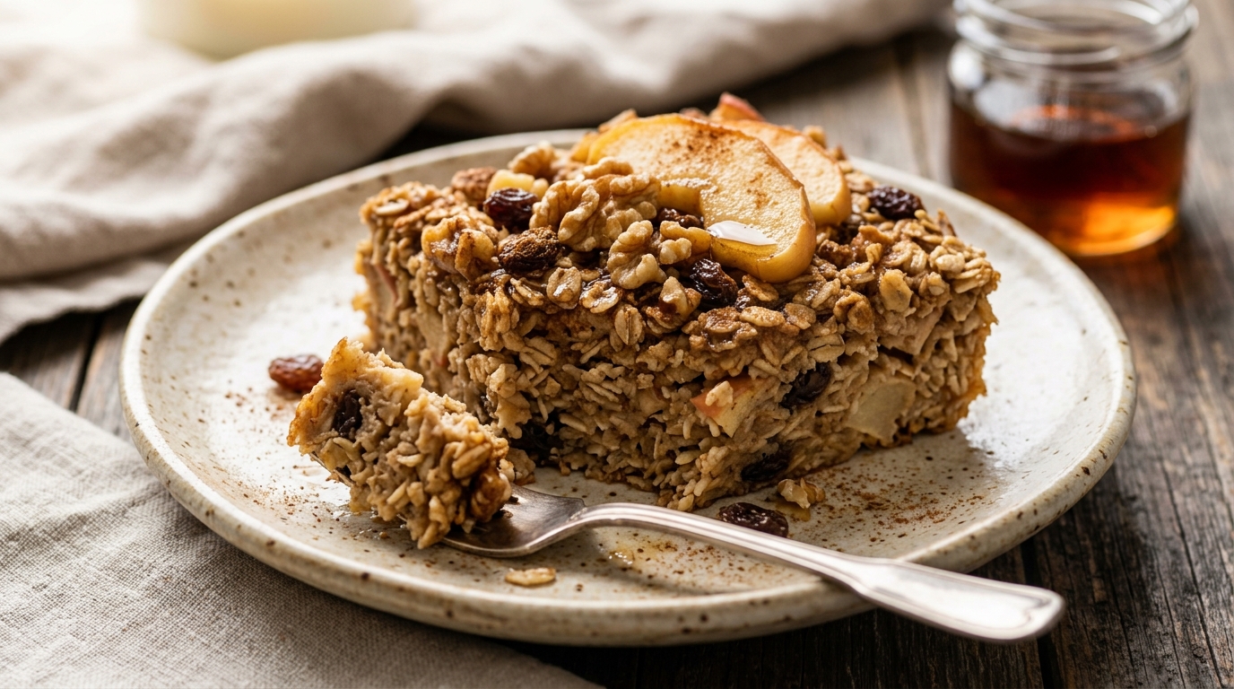 Close-up of healthy apple cinnamon baked oatmeal