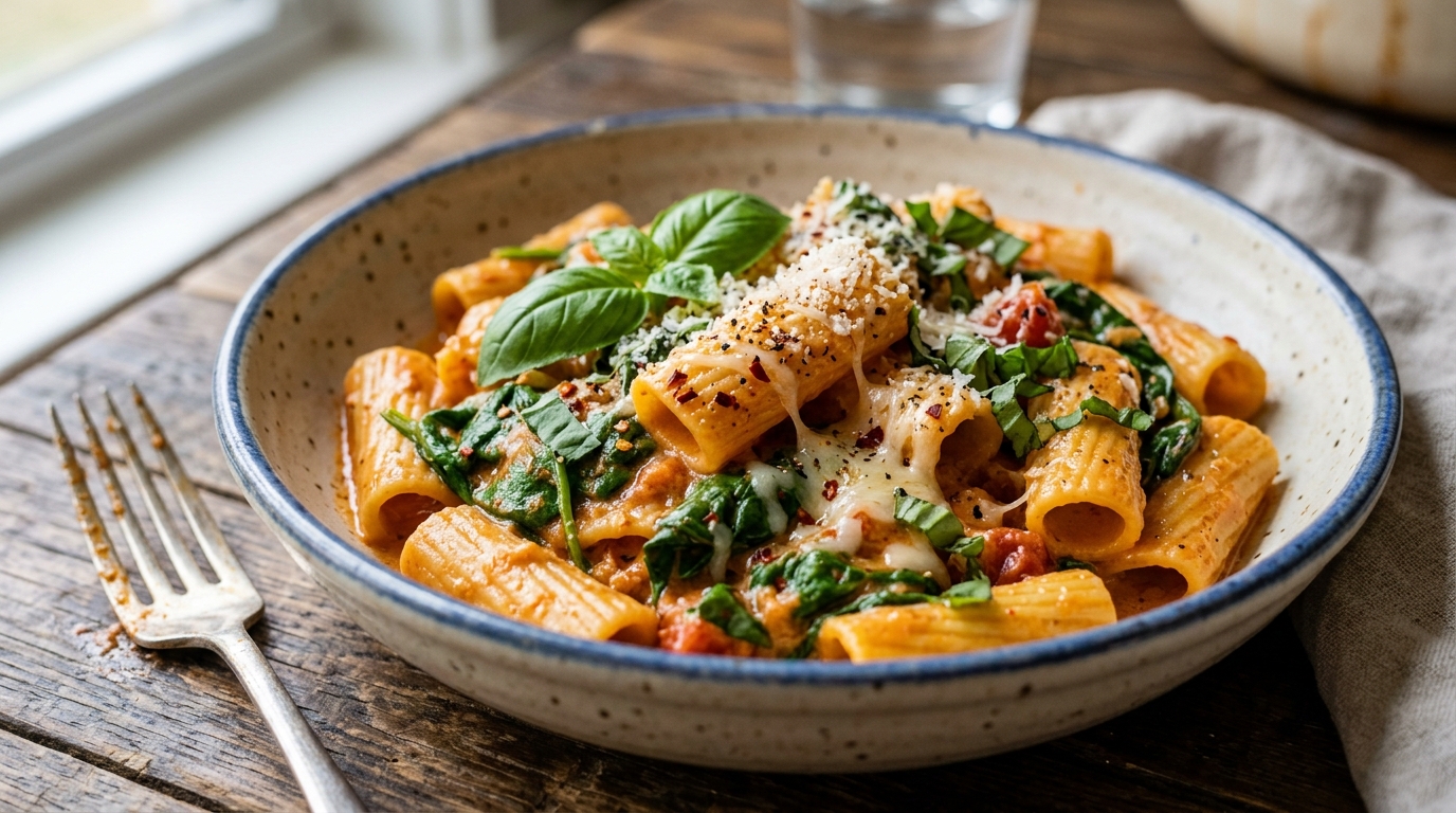 Close-up of one-pot creamy tomato basil pasta with spinach