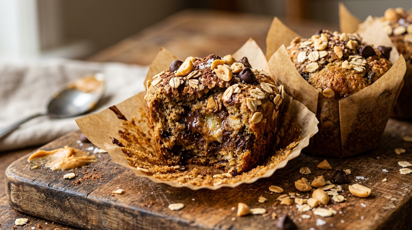 Close-up of banana peanut butter protein muffins