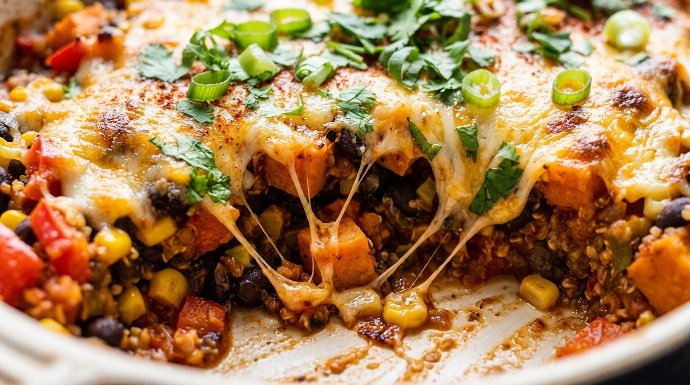 Close-up of healthy sweet potato and black bean casserole