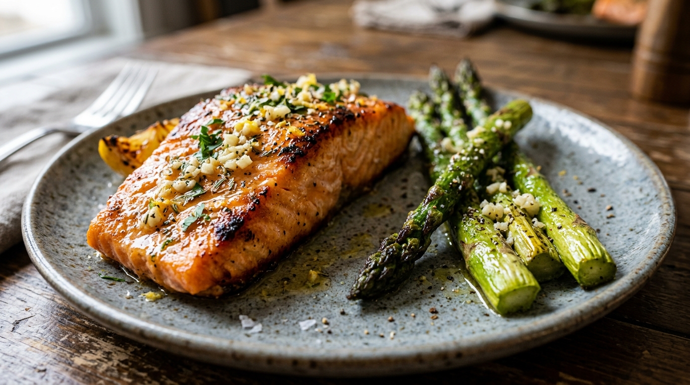 Close-up of lemon garlic salmon with roasted asparagus
