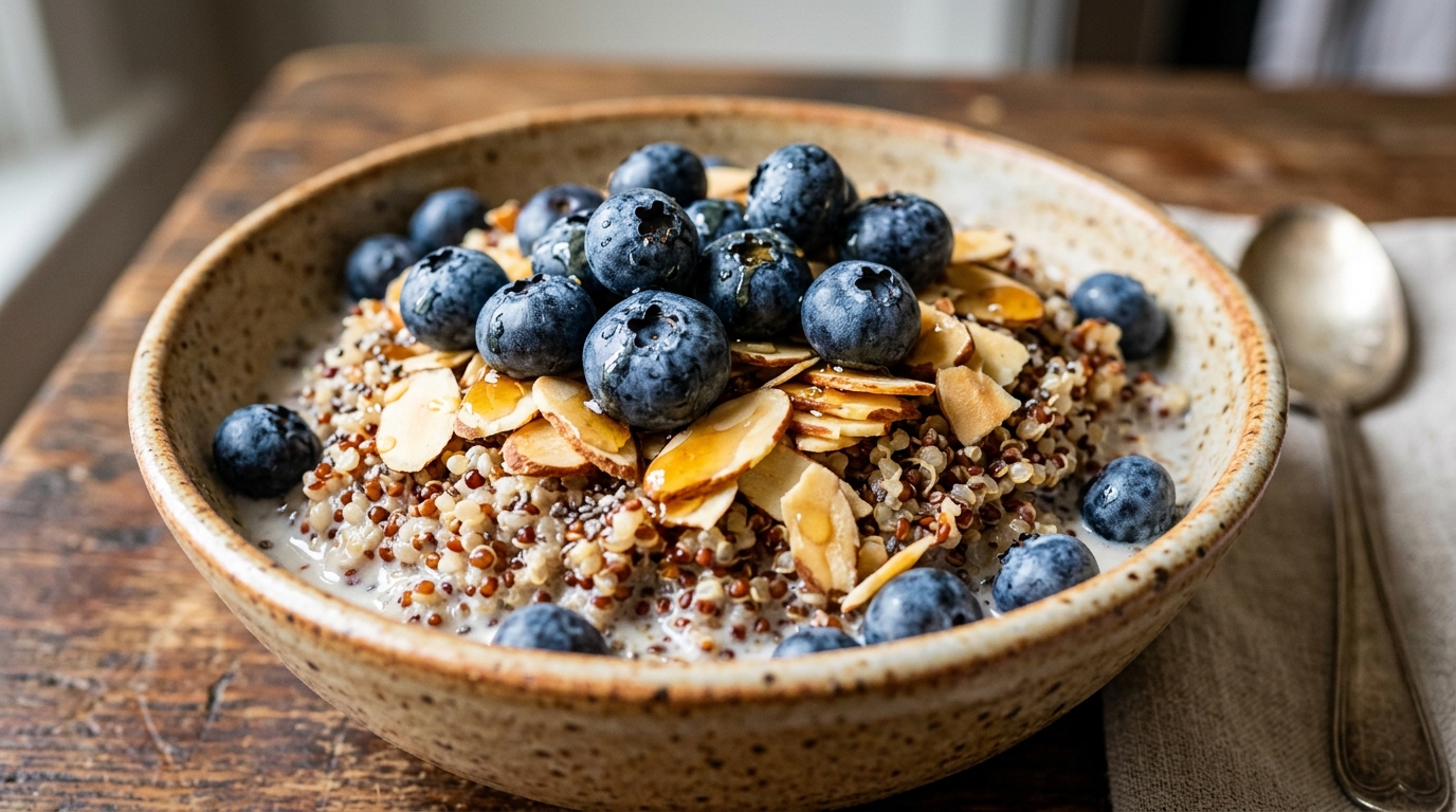 Close-up of blueberry almond quinoa breakfast bowl