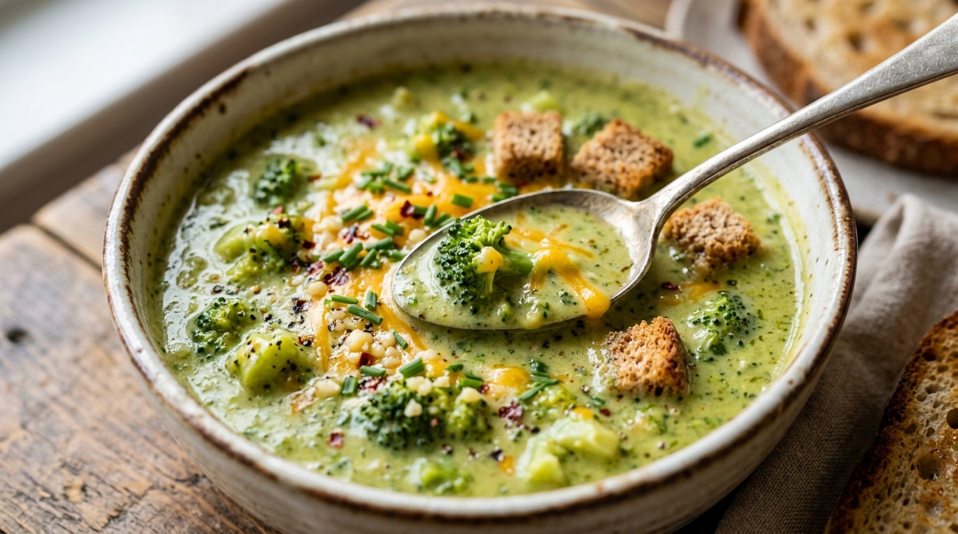 Close-up of healthy broccoli cheese soup