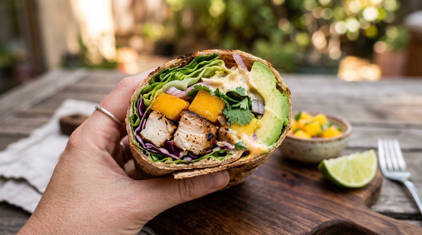 Close-up of mango avocado chicken wraps