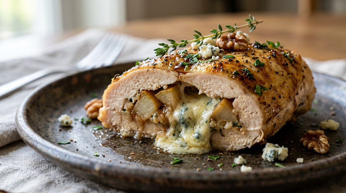 Close-up of pear and gorgonzola stuffed chicken