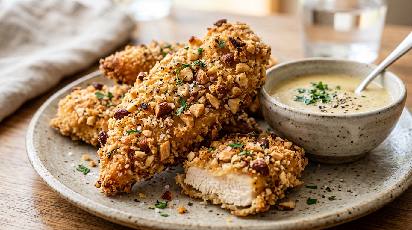 Close-up of almond crusted chicken tenders