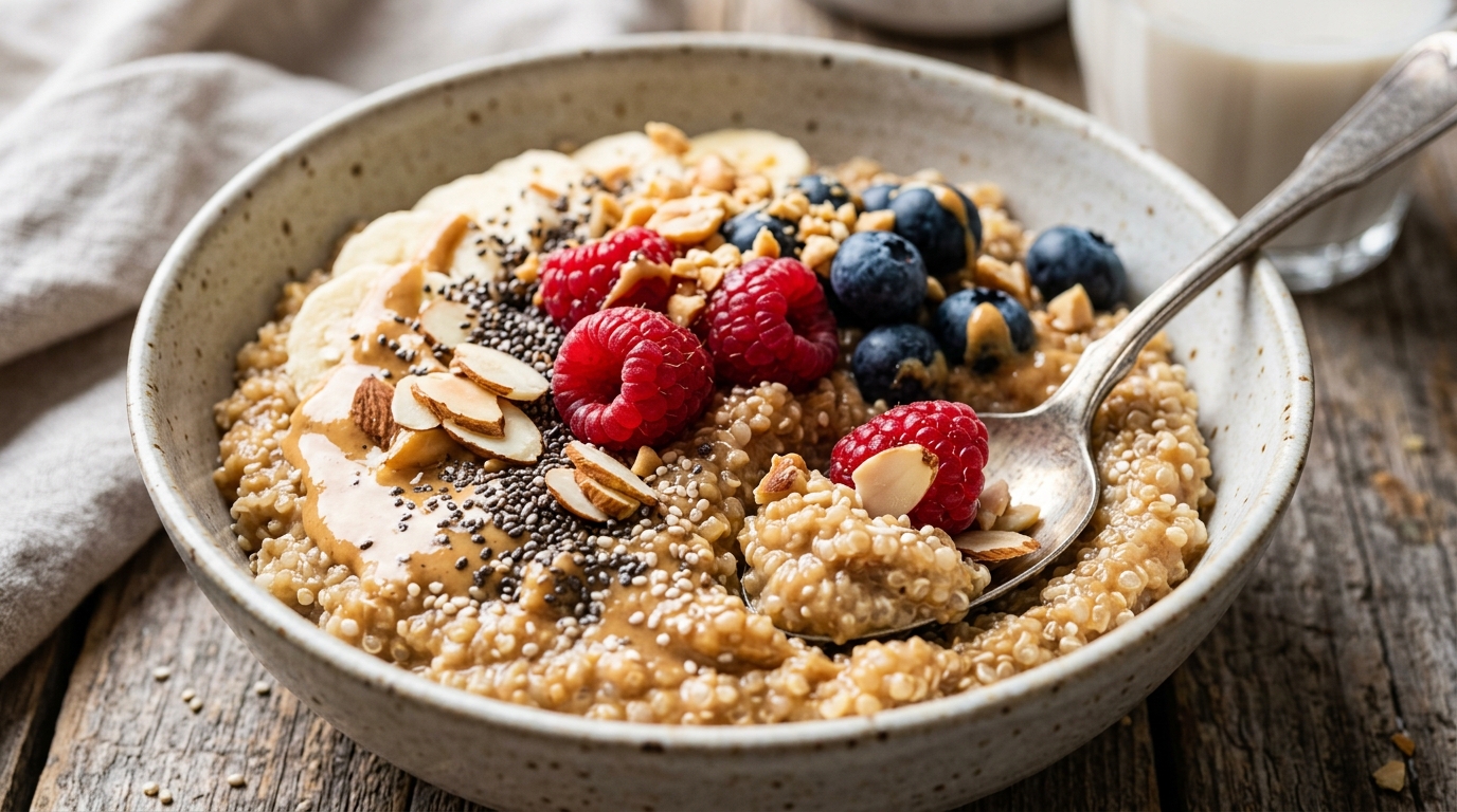 Close-up of peanut butter quinoa breakfast bowl