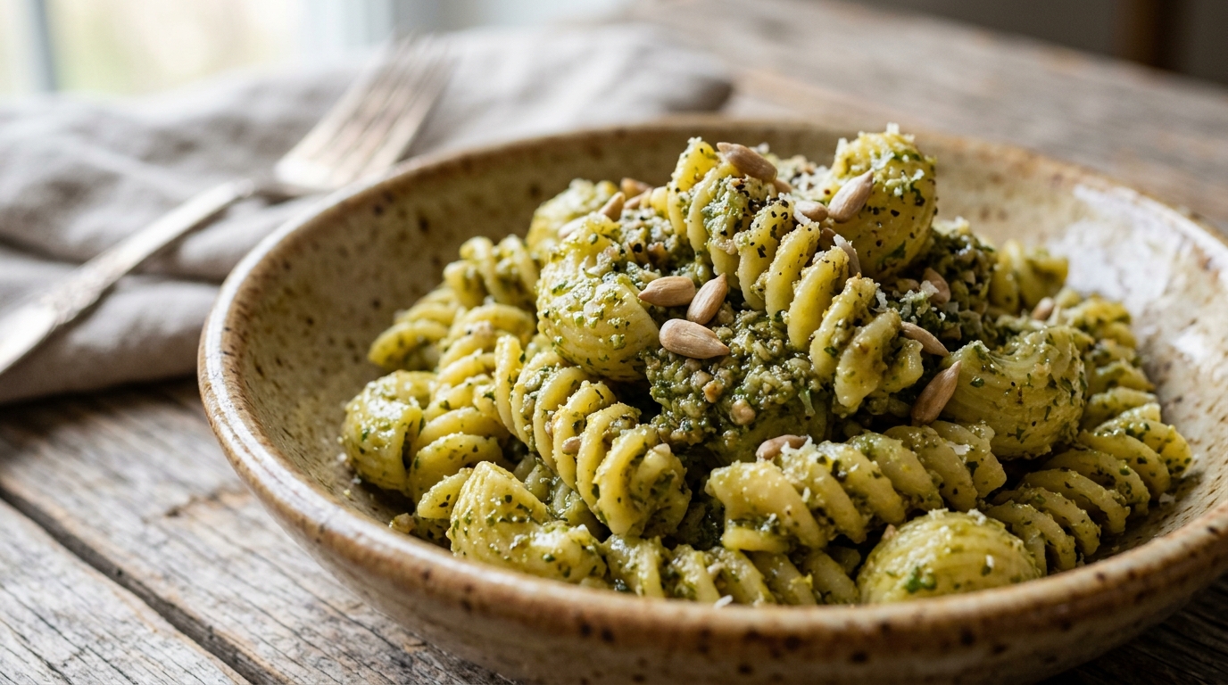 Close-up of sunflower seed pesto pasta