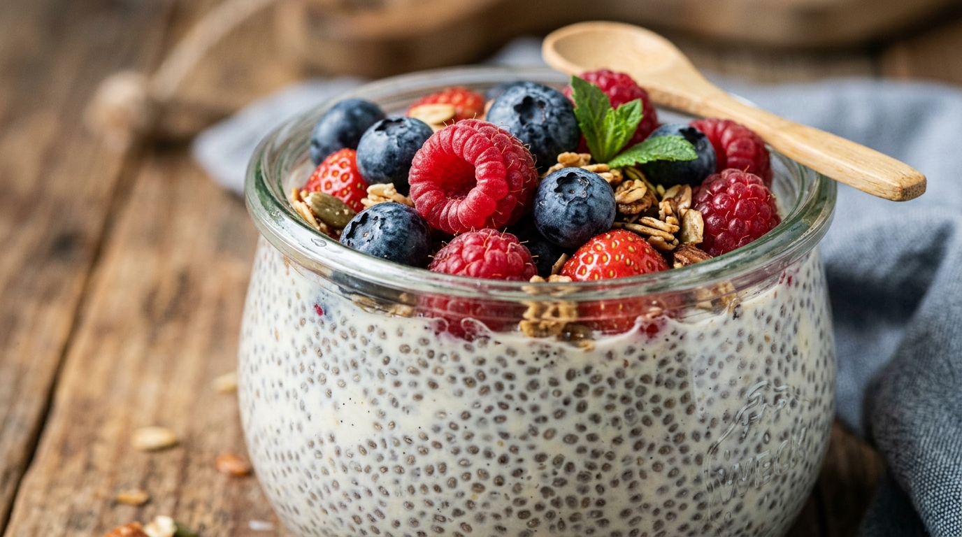 Close-up of chia seed pudding with mixed berries