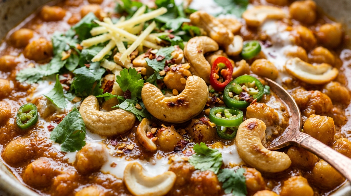 Close-up of cashew and chickpea curry