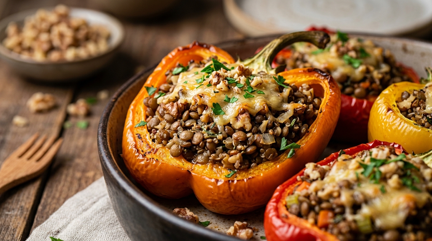 Close-up of walnut and lentil stuffed peppers