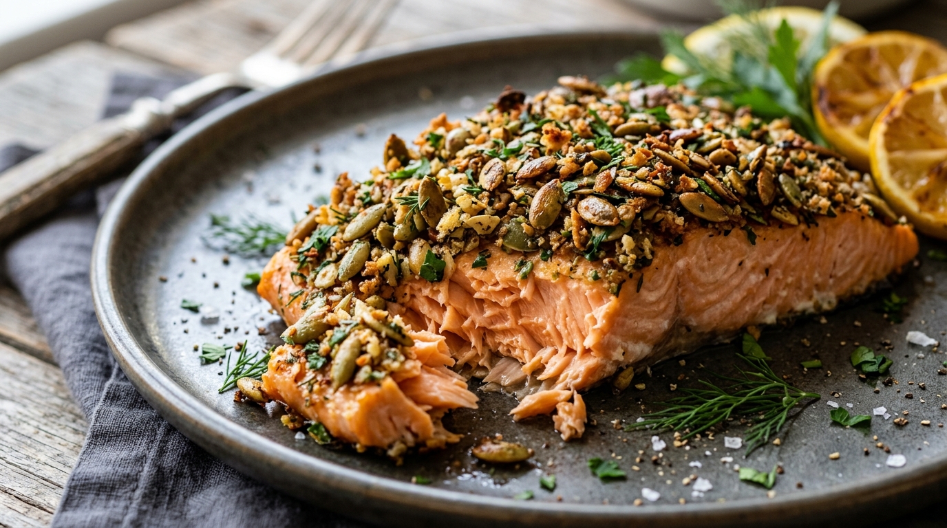 Close-up of pumpkin seed crusted salmon