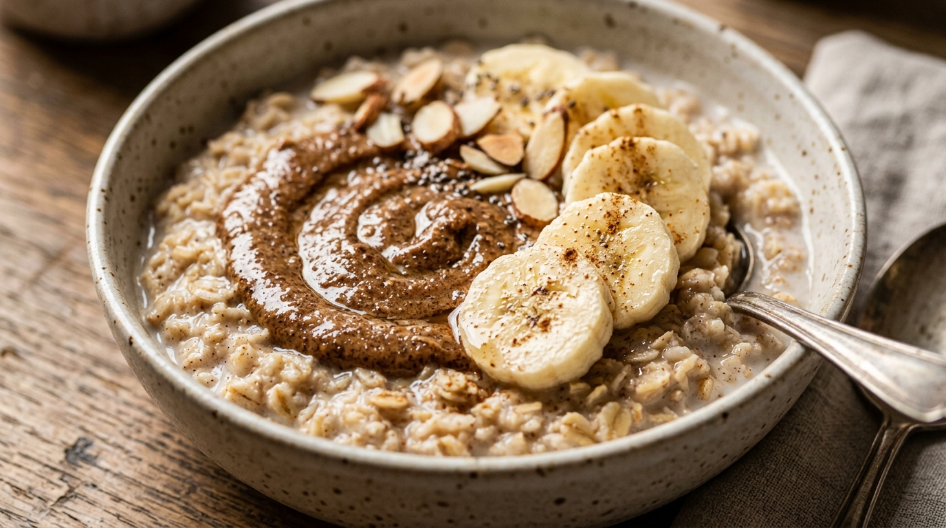 Close-up of oatmeal with almond butter and banana