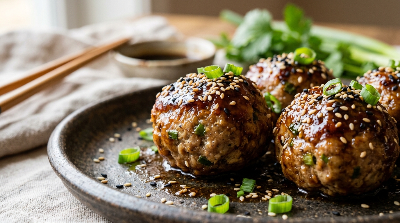 Close-up of sesame ginger turkey meatballs