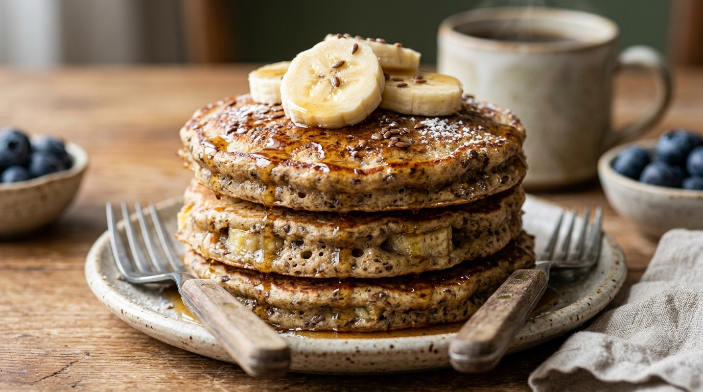 Close-up of flaxseed and banana pancakes