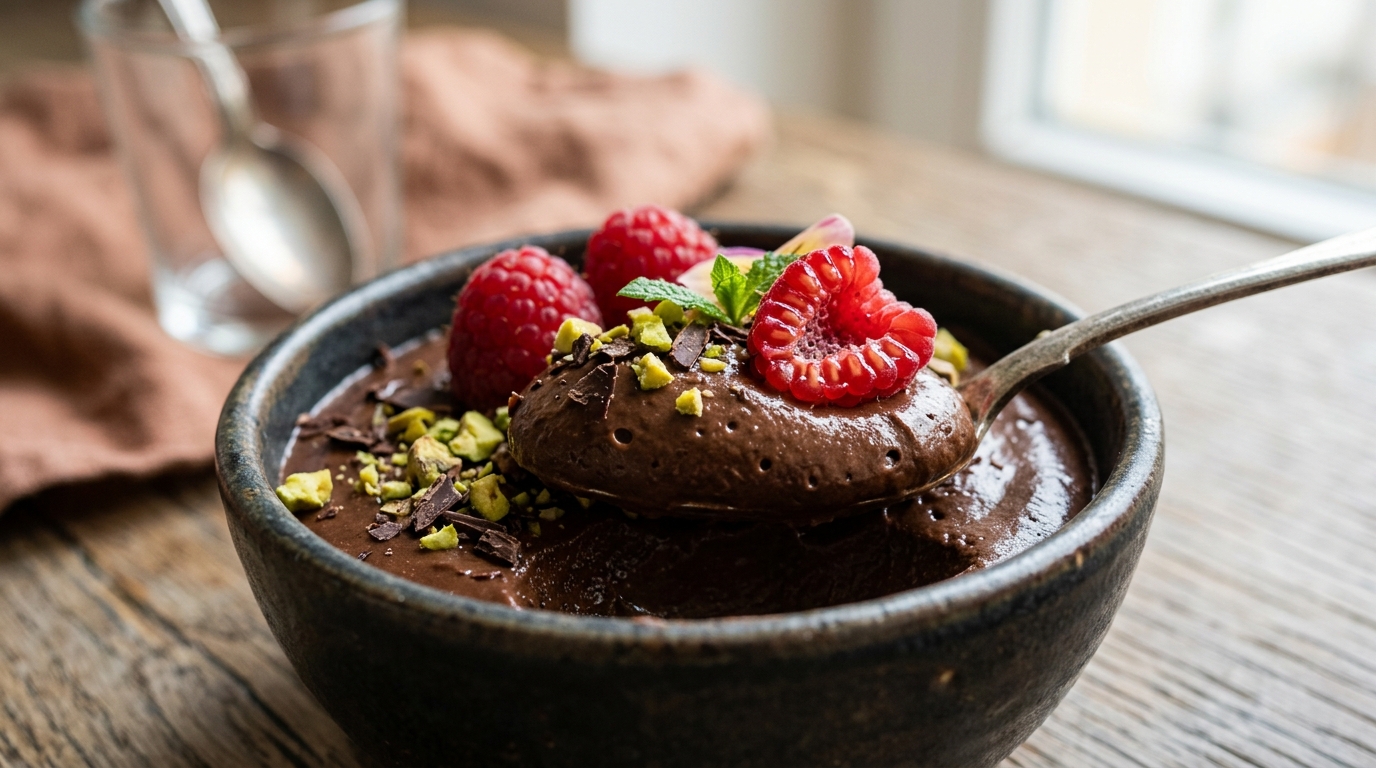 Close-up of healthy chocolate avocado mousse