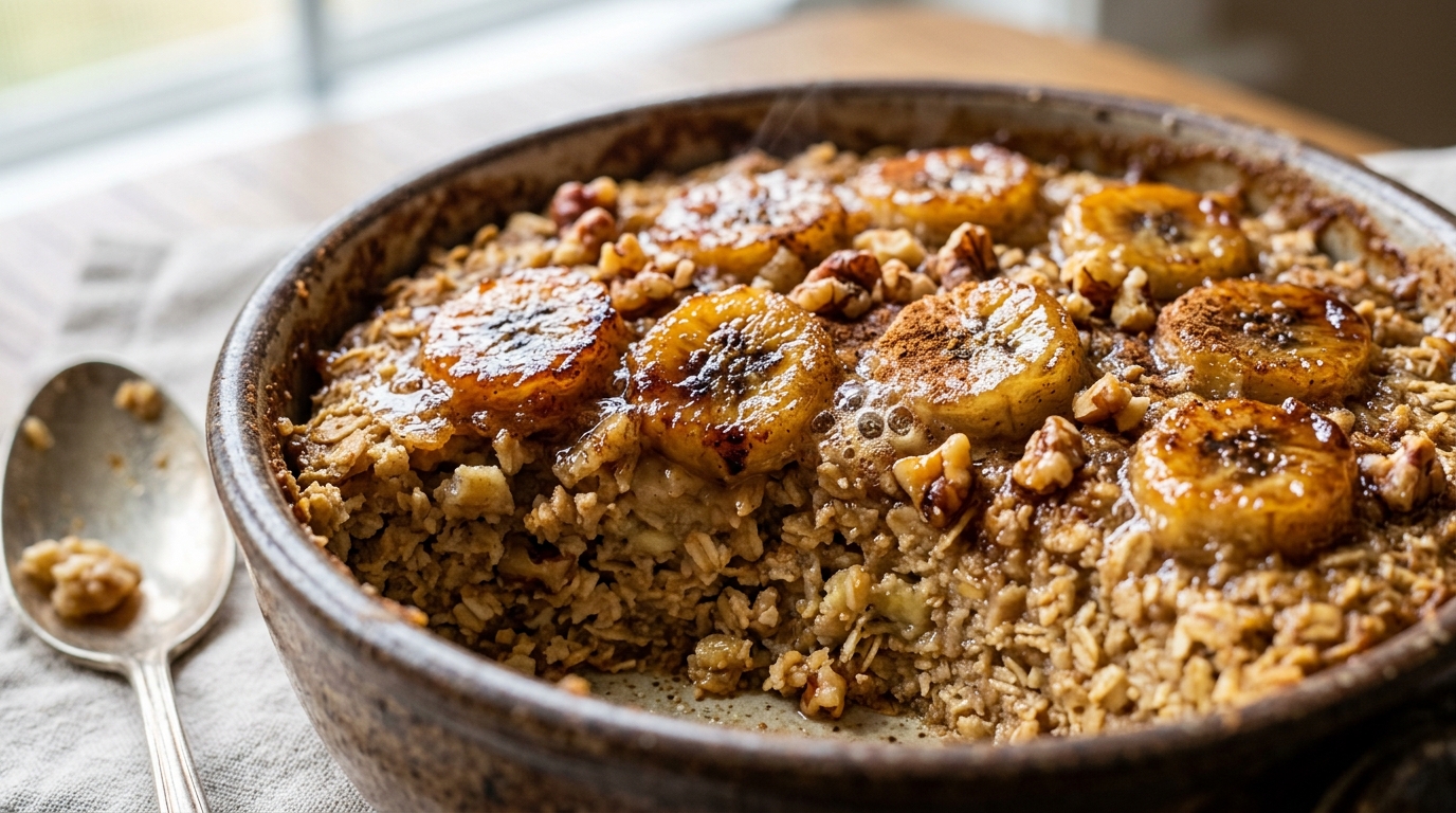 Close-up of caramelized banana oatmeal bake