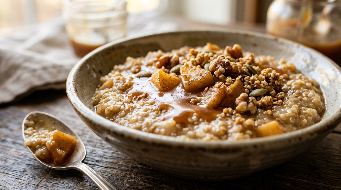 Close-up of creamy caramel apple quinoa pudding