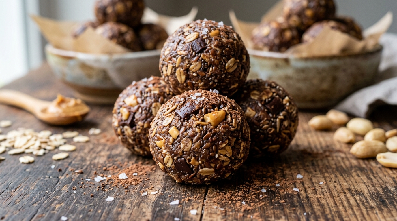 Close-up of healthy chocolate peanut butter energy balls