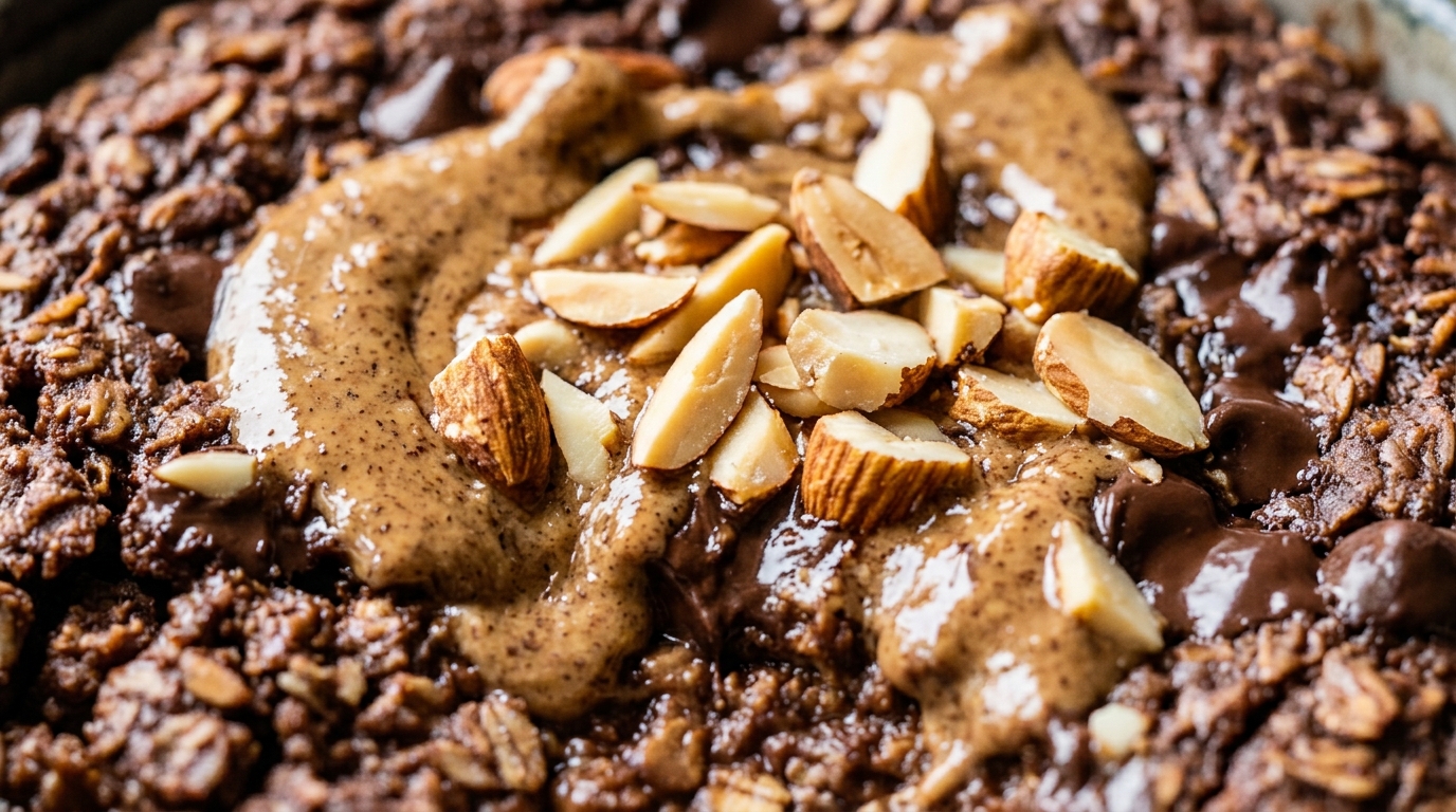 Close-up of baked chocolate oatmeal with almond butter