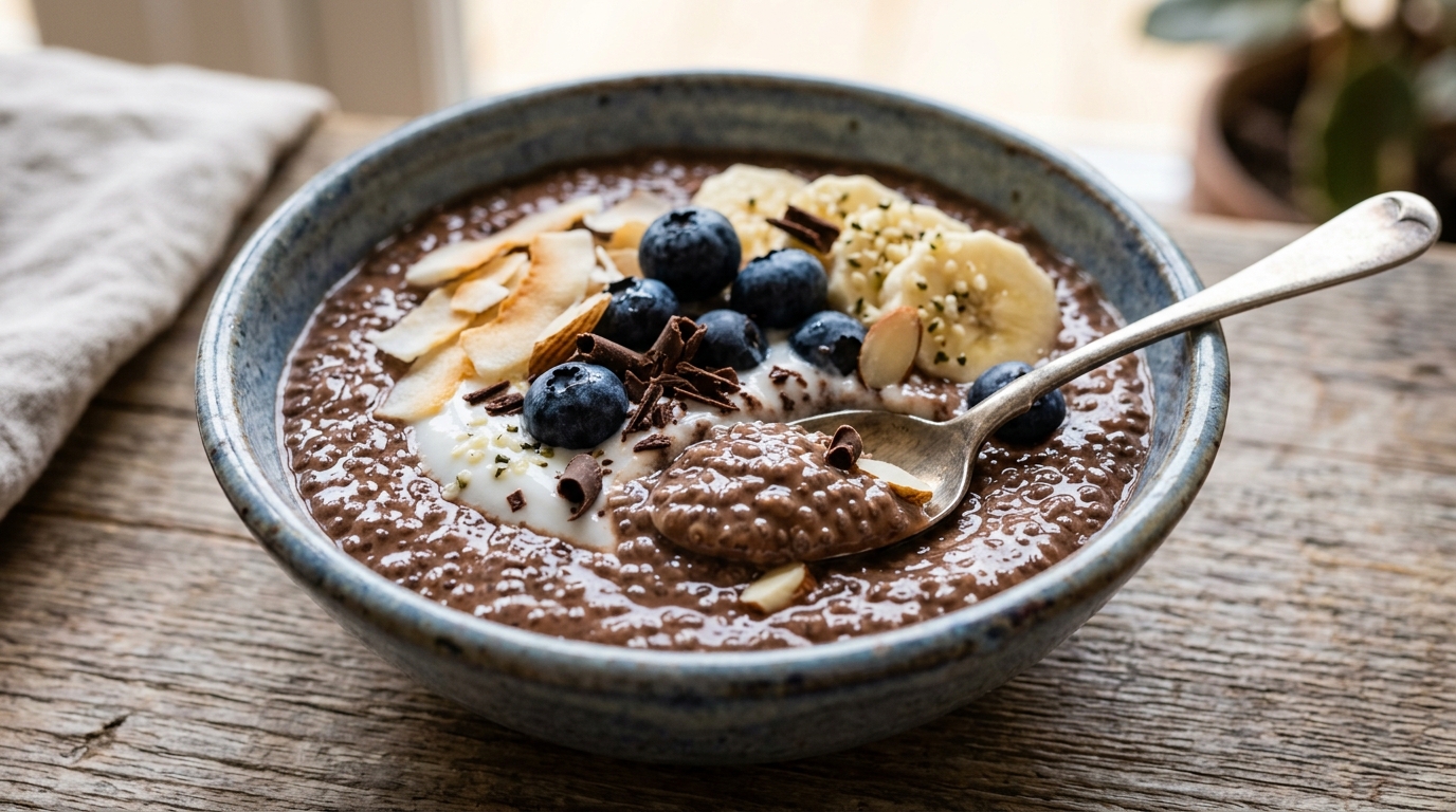 Close-up of healthy chocolate chia seed pudding