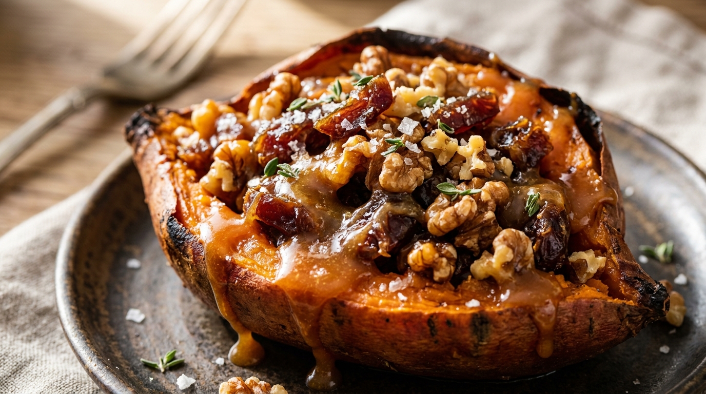 Close-up of caramel date and walnut stuffed sweet potatoes