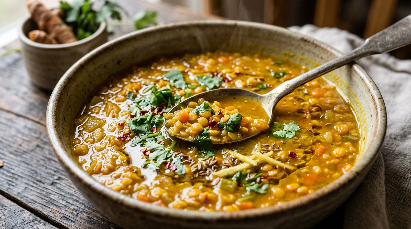 Close-up of turmeric tea-infused lentil soup