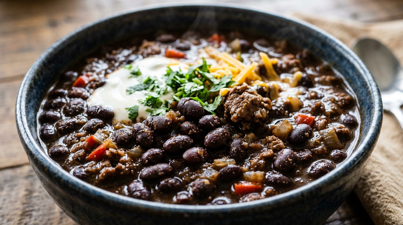 Close-up of espresso black bean chili
