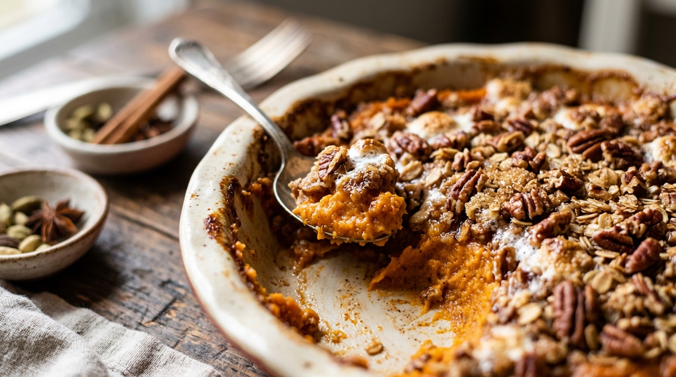 Close-up of chai-spiced sweet potato casserole