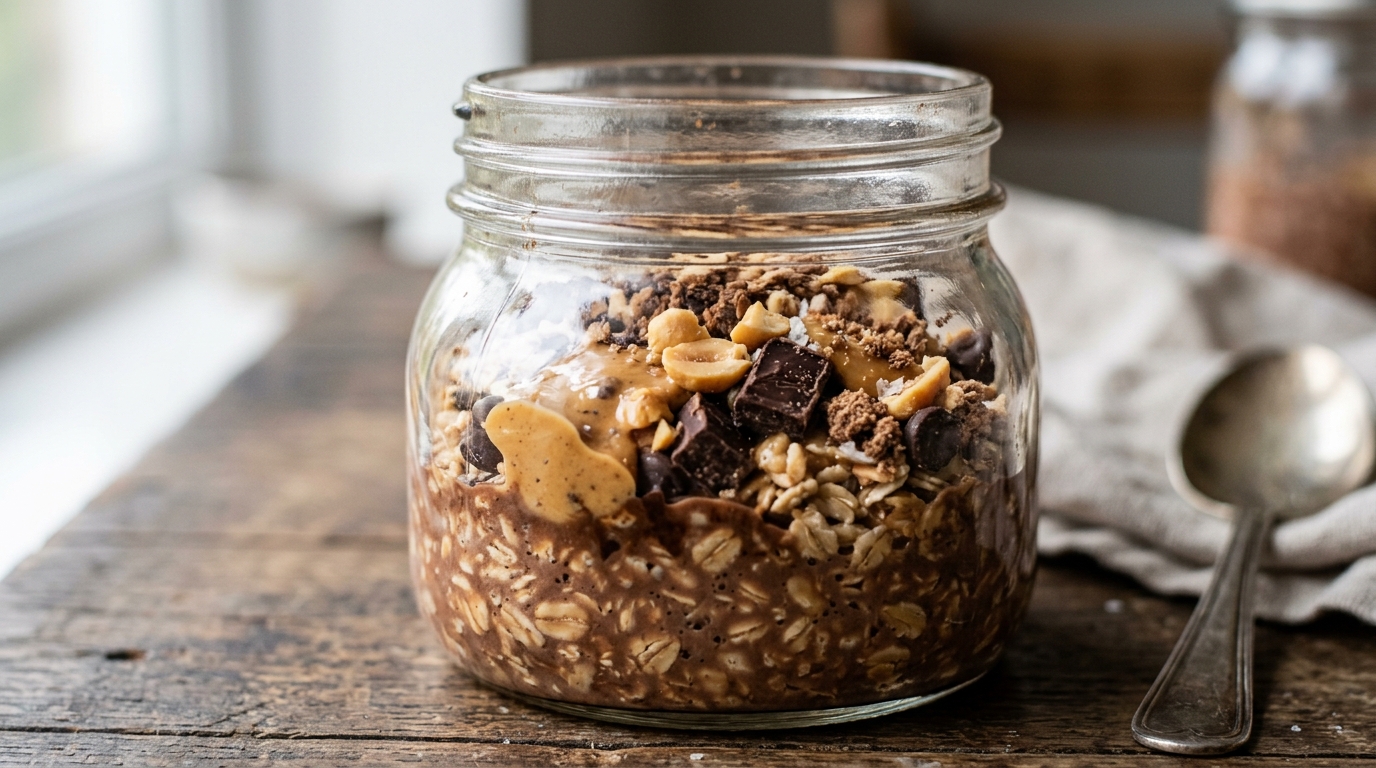Close-up of malted chocolate peanut butter overnight oats