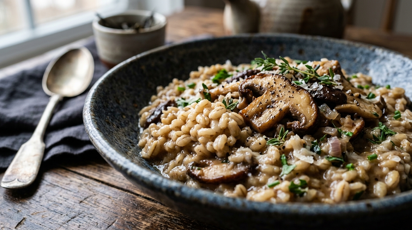 Close-up of tea-infused mushroom and barley risotto