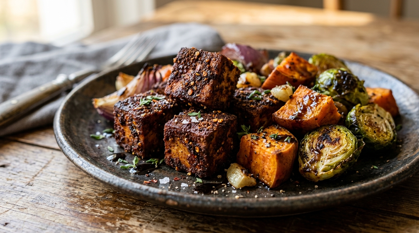 Close-up of cocoa-crusted tofu with roasted vegetables