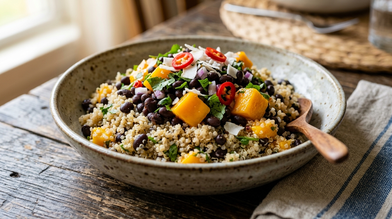 Close-up of mango coconut quinoa bowl with black beans