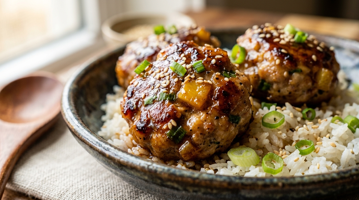 Close-up of pineapple teriyaki turkey meatballs