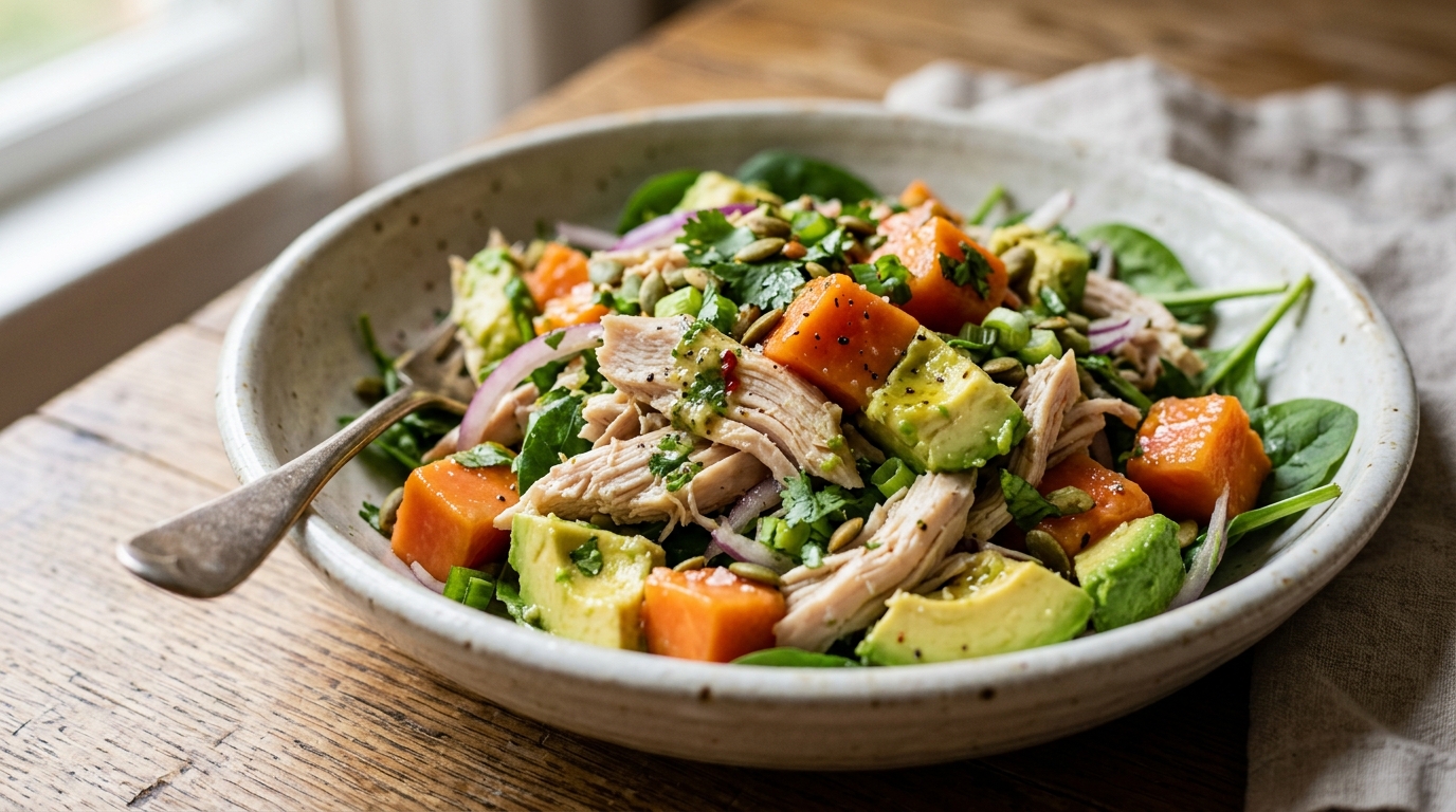 Close-up of papaya and avocado chicken salad