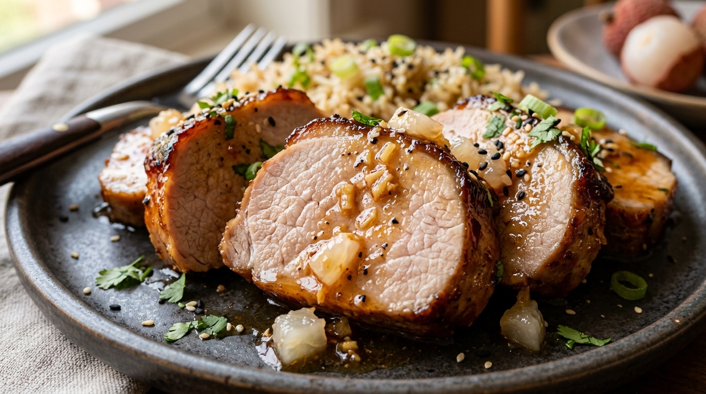 Close-up of lychee and ginger glazed pork tenderloin